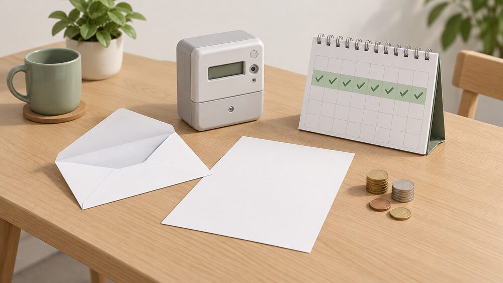 A kitchen table with a blank complaint letter beside an open envelope, a wall calendar showing weeks passing, a small model of a domestic electricity meter, and a few coins standing for a modest award.
