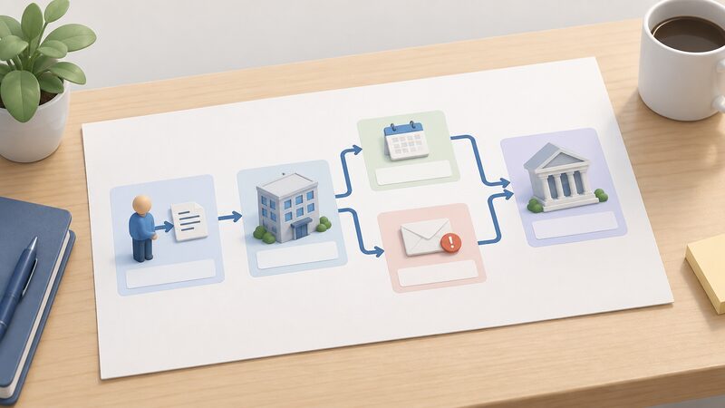 A simple flow diagram drawn as a printed sheet on a table: a consumer figure sends a complaint to a supplier box, which branches after eight weeks or via a deadlock letter into a final Ombudsman box.