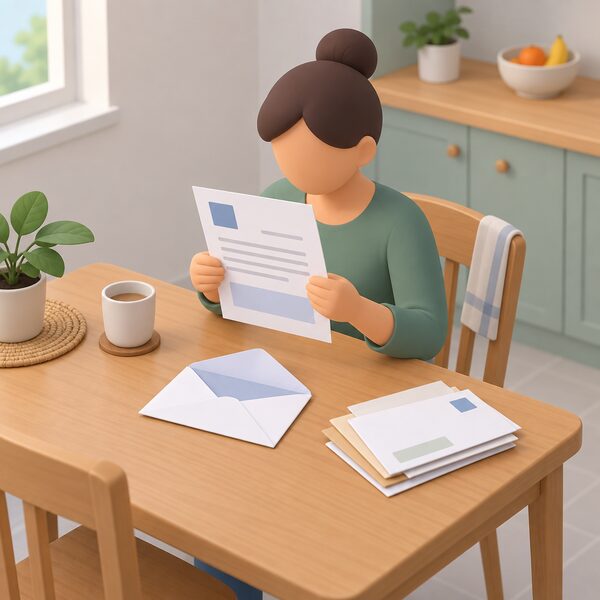 A paper envelope opened at a home kitchen table, a person holding a formal letter from their energy supplier, its content shown only as blank lines and plain blocks, with the envelope and a small pile of household correspondence beside it.