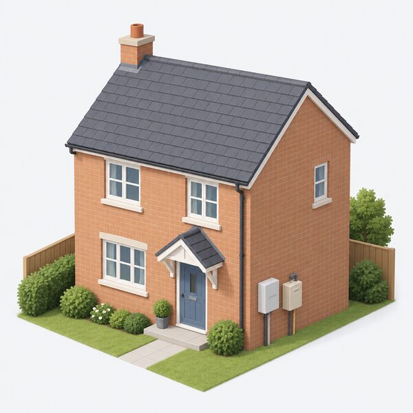 A simple small house with a pitched roof, front door and windows, an electricity meter box on the outside wall and a plain gas meter box beside it, shown as an ordinary domestic home with no business signage or premises.
