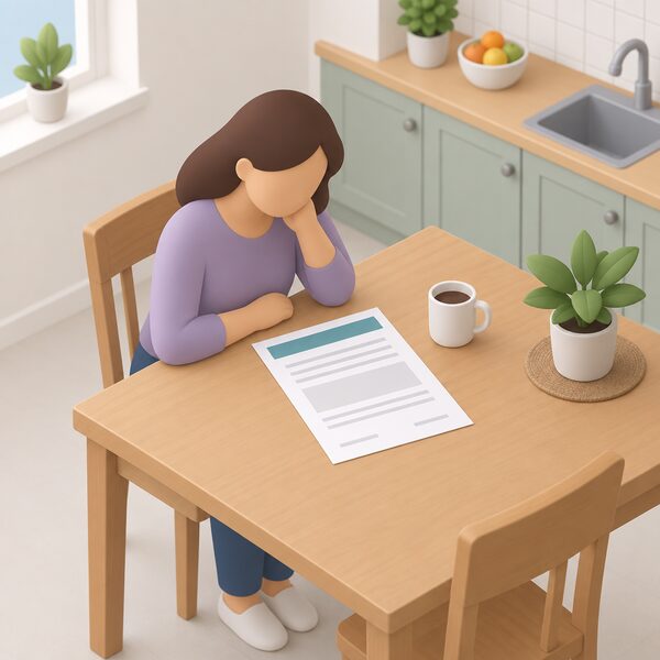 A formal apology letter from an energy supplier lying on a kitchen table in front of a seated householder, drawn as a physical sheet with a letterhead colour band, blank signature lines and blank paragraph blocks so no words are readable.