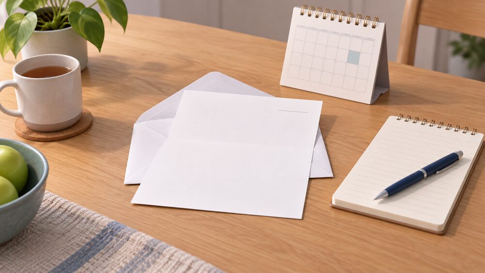 A kitchen table with a single envelope opened to show a blank letter lying flat, its date corner kept visible beside a small desk calendar, a blank notepad of complaint notes and a pen, arranged as a household preparing to escalate an unresolved energy complaint.