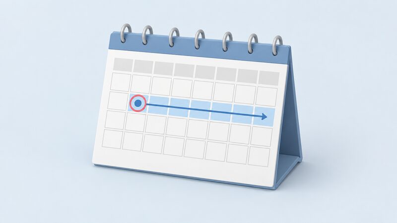 A wall calendar page shown as a physical object, with a plain colour band marking a span of weeks that begins on the circled date the complaint was first raised, and an arrow running from that start date to the end of the marked span.