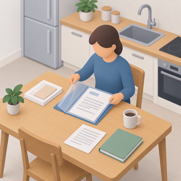 A simplified isometric householder at a kitchen table filing a paper deadlock letter, kept flat in a clear document wallet with its date line visible as a plain unmarked block, alongside other household papers.