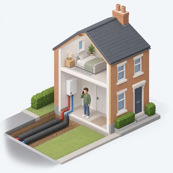 A simplified isometric terraced home connected to a heat network, with an insulated flow and return pipe entering the building and a heat interface unit on the wall of a room, while a plain-clothed resident stands nearby holding a phone to notify their heat supplier of a complaint.