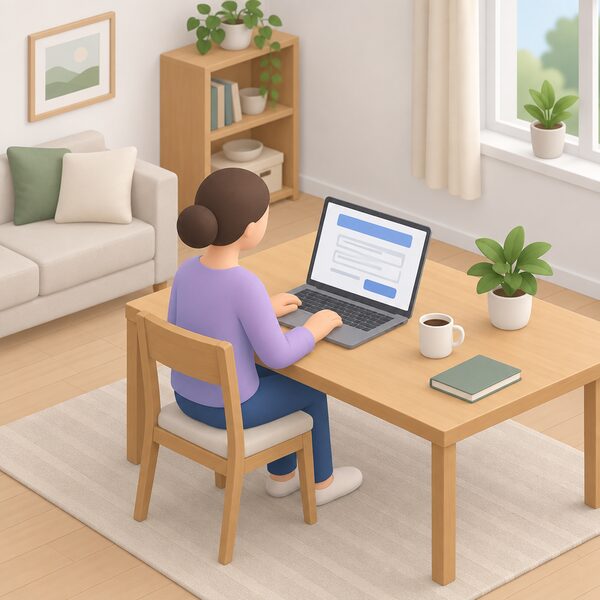 A simplified isometric figure sits at a table in a home setting using a laptop, its screen showing an online dispute form rendered only as blank lines and plain blocks, with no readable words or numbers anywhere on the screen.
