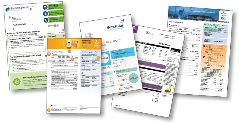 A fan of sample gas and electricity bills and statements from UK suppliers including Southern Electric, British Gas, EDF and Utilita