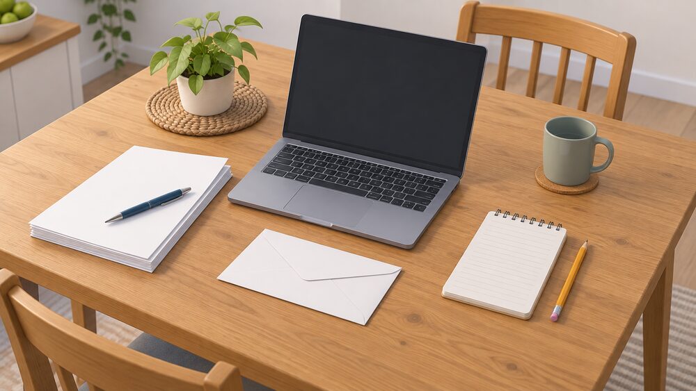 A kitchen table seen from above with a blank-screen laptop, a stack of blank paperwork with a pen resting on it, a plain envelope, a small notepad with a pencil, and a domestic energy bill face-down so no words show, arranged as a household preparing to compare tariffs or escalate a complaint.