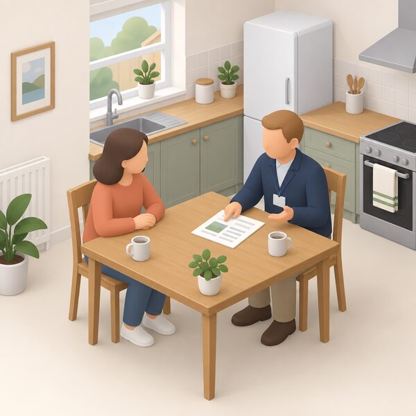 A householder sits at a kitchen table in a simple Northern Ireland home having a friendly conversation with an independent energy adviser, who gestures toward a plain leaflet about saving energy at home, with no products or sales materials present.