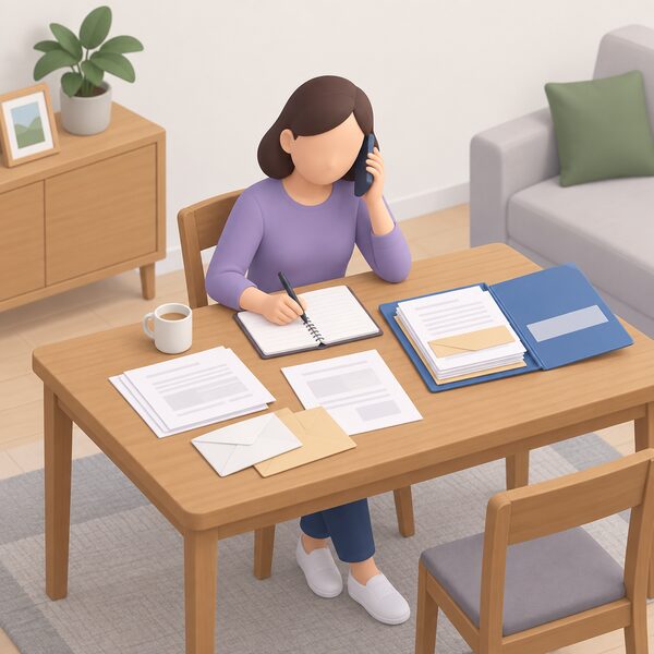 A householder seated at a table at home writing notes in a notebook during a telephone call, with copies of letters, envelopes and original documents kept in a folder spread beside them as complaint paperwork.