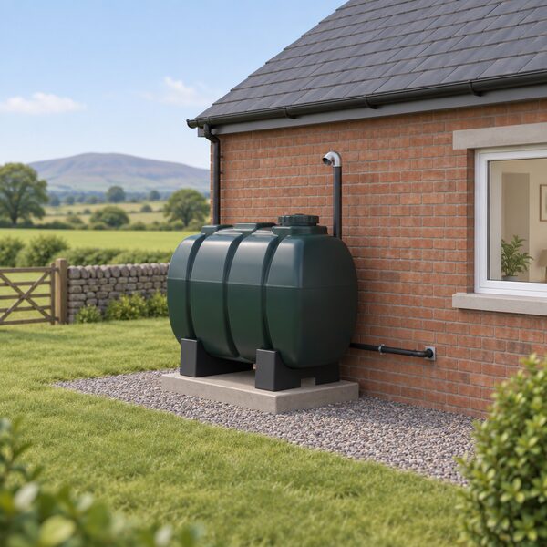 A plastic domestic oil tank on a stand beside the rear wall of a simple Northern Ireland brick house, with a fill pipe and a small oil supply line running into the house, in a rural setting with no gas connection.