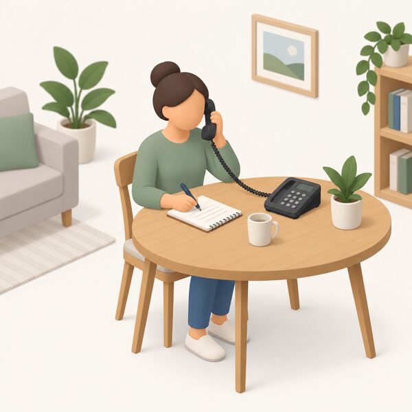 A householder at home telephoning the NI Energy Advice Service, holding a phone to their ear while seated at a table with a notepad, taking energy saving advice over the call.