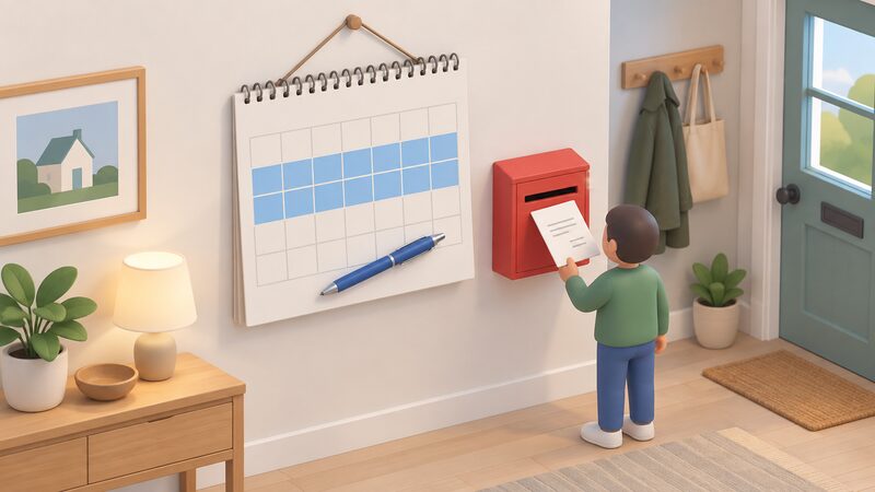 A wall calendar page on a domestic wall with a plain colour band marking a two-week span of day squares, a pen resting on the open page, and a small isometric figure standing beside it holding a cancellation letter ready to post.