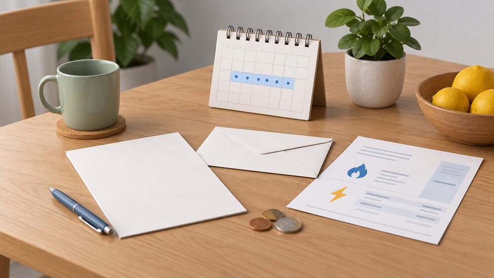 A kitchen table with a blank cancellation letter beside a sealed envelope, a small calendar with a two-week span marked, a few coins, and a gas and electricity bill, representing the moment a household decides whether to cancel an energy switch.