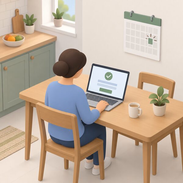 A person at a kitchen table signing up with a new energy supplier on a laptop, confirmation shown on the screen as plain blocks, with a wall calendar nearby marking the moment the cooling-off period begins.