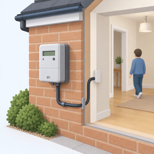 A domestic electricity meter mounted on an outside wall of a house, shown in a simple cutaway view with the supply cable running from the meter into the home, representing the meter whose account moves between suppliers under the Energy Switch Guarantee.