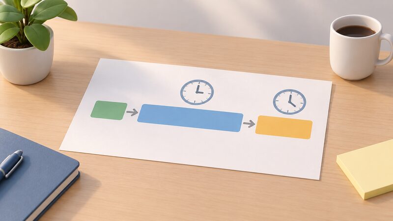 A printed timeline sheet lying on a table showing three plain sequential blocks — a small confirmation block, a longer cooling-off block, then a shorter transfer block — with a simple clock icon above each of the last two blocks.