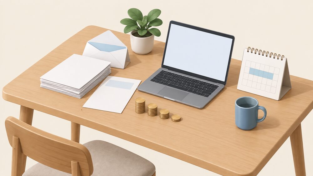 A kitchen table with a small stack of blank energy bills and a welcome letter, an open envelope, a short row of coins standing for the refund, and a calendar marking the waiting period, with a laptop showing a blank screen beside them.