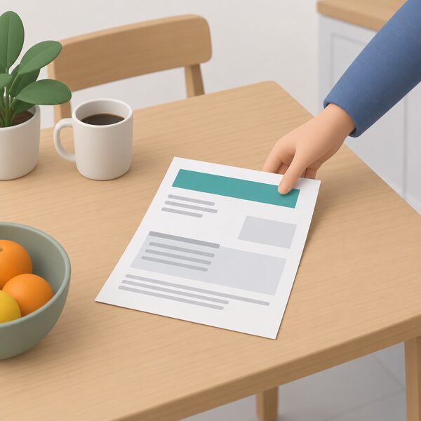 A paper household energy bill lying flat on a kitchen table, its supplier name shown only as a plain colour band, with a hand reaching to pick it up.