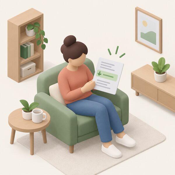 A simplified isometric customer at home holding a bank statement or card while an incoming refund payment from their energy supplier appears on it, shown as a plain highlighted band with blank lines and no readable figures.
