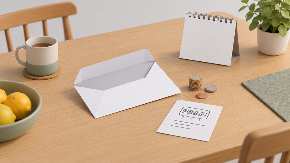 A kitchen table with a blank final-bill envelope lying open beside a small stack of coins, a blank calendar page, and a handwritten note showing a meter reading, suggesting the moment a household waits for its credit refund after a switch.