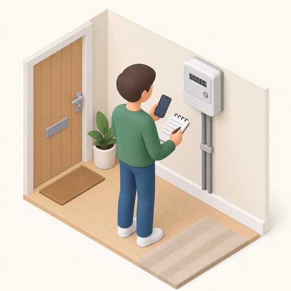 A simplified isometric figure stands indoors beside a wall-mounted electricity meter, writing the current reading on a notepad, with a phone in hand ready to pass the reading to the supplier so the final bill and credit refund can be calculated.