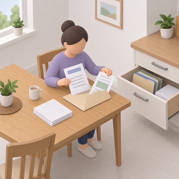 A household member at a kitchen table filing a paper final statement and a printed account record showing the credit balance as plain blocks into a folder, with the folder kept in a drawer alongside other household papers.