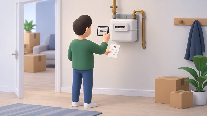 A simplified person stands at an indoor domestic gas meter holding a phone up to photograph the meter's display, with a paper note of the date beside them, showing the final reading a moving-out customer must supply for the credit calculation.