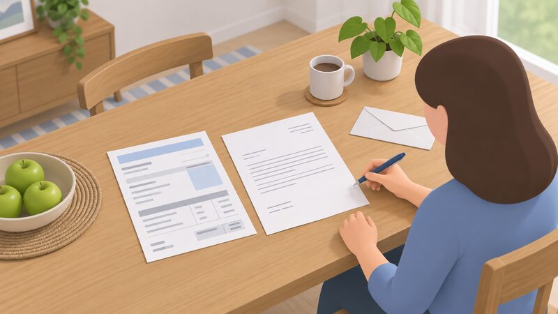 A handwritten complaint letter and a supplier final bill lie side by side on a household table, the letter dated and quoting the bill, with a pen resting nearby as the customer prepares to post the complaint.