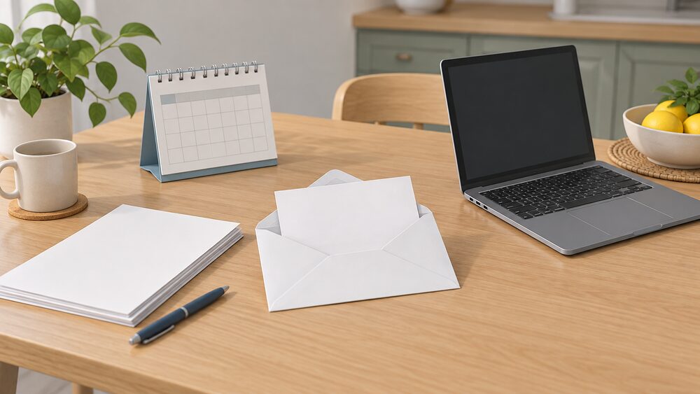 A plain white envelope lying open on a kitchen table beside blank paperwork, a wall calendar and a laptop with a blank screen, the moment a household receives a supplier's final decision letter and prepares to escalate the complaint.