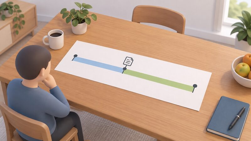 A printed timeline sheet lying on a household table, drawn as a plain horizontal band with two marked segments: a longer first stretch for the supplier's eight-week window and a second stretch showing the 12-month escalation period that starts at the deadlock letter, with simple markers at the start, the letter point and the end.