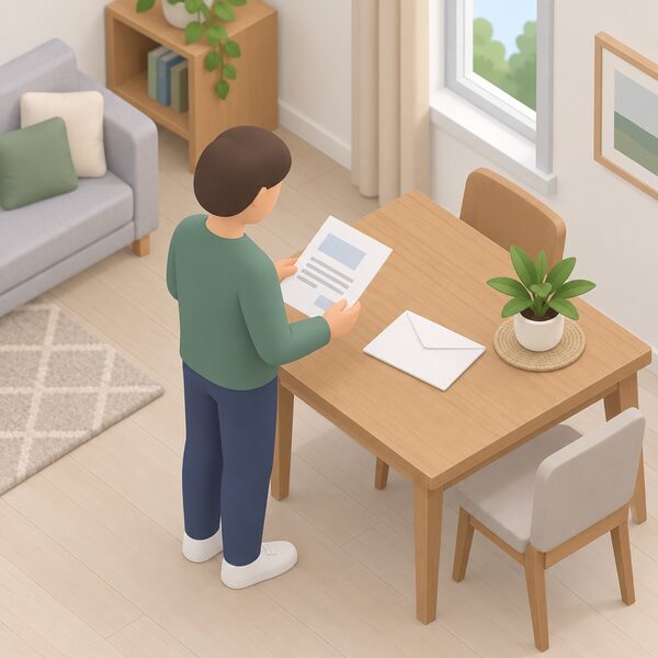 A single envelope and its letter from an energy supplier lying on a table in a home, drawn as a physical object with its content shown only as blank lines and plain blocks, beside a simplified isometric figure of a person who has just picked it up.