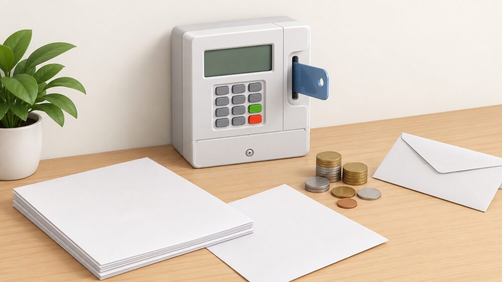 A wall-mounted style prepayment meter with a keypad and a slot for a top-up key or card sits on a table beside blank paperwork, a plain envelope and a small pile of coins, showing the moment a household switches supplier while still repaying debt through the meter.