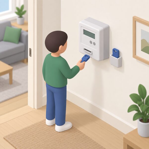 A domestic prepayment electricity meter mounted on an interior wall, with its plastic key resting in a small holder beside it and a simplified isometric figure standing nearby holding the key, showing the meter a household owes up to £500 on per fuel.