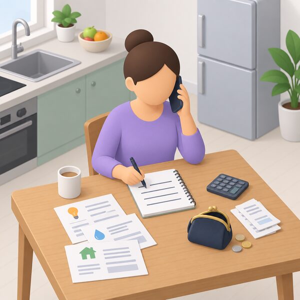 A householder at a kitchen table telephoning their energy supplier, a notepad in front of them showing the agreed repayment rate recorded as blank lines, with simple household bills and a purse nearby suggesting the rate is based on what they can afford to pay.