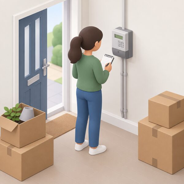 A new occupier standing beside the prepayment electricity meter just inside the front door of a property, holding a notepad and reading the display at the point of moving in, with moving boxes nearby and before any contact with the supplier.