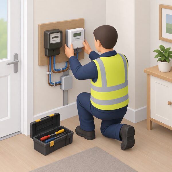 A supplier engineer kneels indoors beside a domestic electricity meter on a wall, fitting a prepayment meter in its place, with the old meter's wiring clearly connected and a toolbox on the floor beside them.