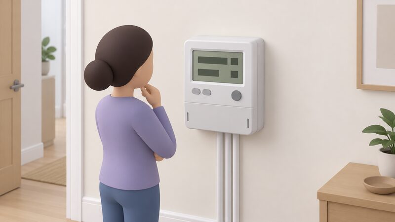 A wall-mounted prepayment meter with its display showing a remaining debt balance area and a weekly deduction area as blank blocks, with a simplified figure standing beside it looking at the screen.