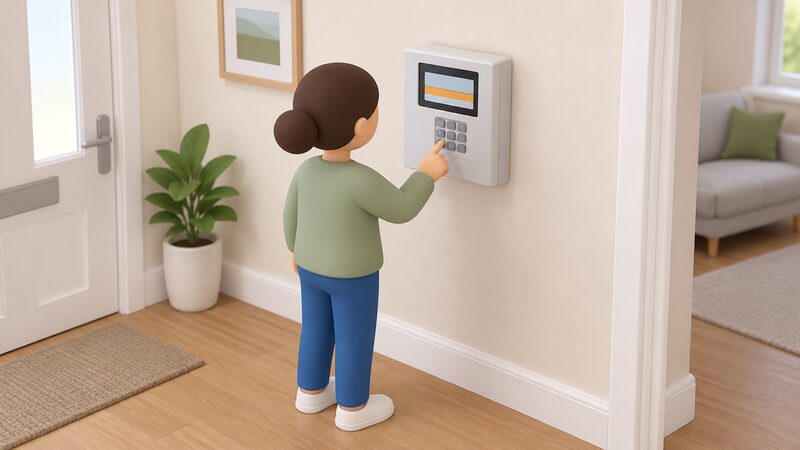 A domestic prepayment electricity meter mounted on an interior wall, its keypad and small display showing a debt repayment deduction as plain colour bands and blank line blocks, with a simplified figure standing before it having just pressed a key.