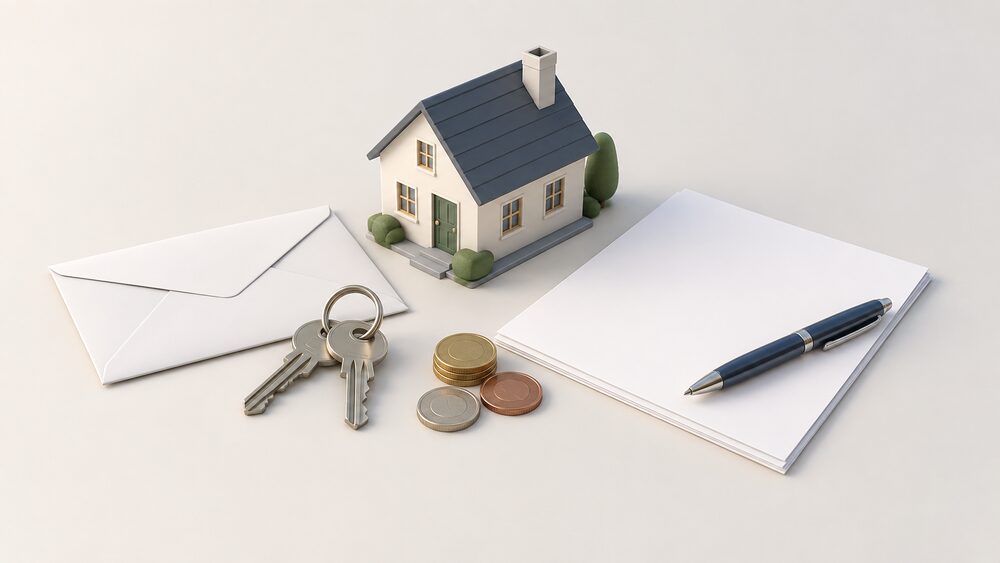 A small tabletop arrangement for a household that has just moved in: a set of house keys beside a blank sealed envelope, a small model of a house, blank paperwork and a pen, and a few coins, suggesting energy supply that began without a signed contract.