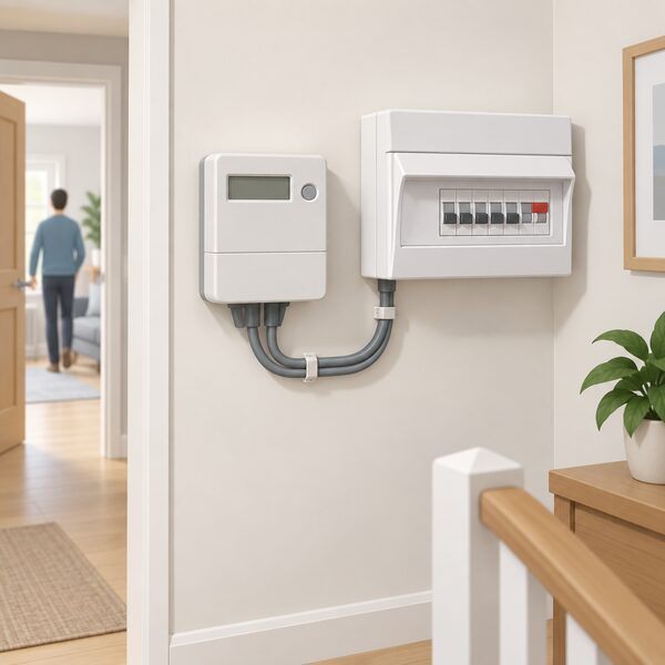 A domestic electricity meter mounted on an interior wall of a home, with a cable running from it toward the consumer unit, shown as the everyday point where the supplier's default rate is charged per unit of energy used.