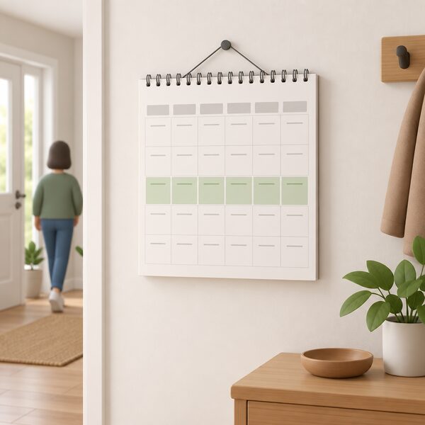 A plain wall calendar hanging in a home hallway, with a simple block marking a stretch of six months passing, drawn as a physical object with blank lines instead of readable dates.