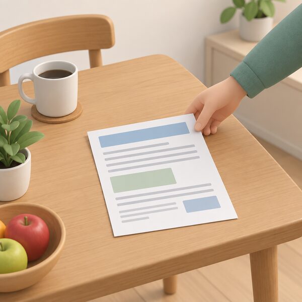 A printed energy contract document lying flat on a household table, shown as a physical paper copy with its content rendered only as blank lines and plain blocks, with a hand reaching to pick it up.