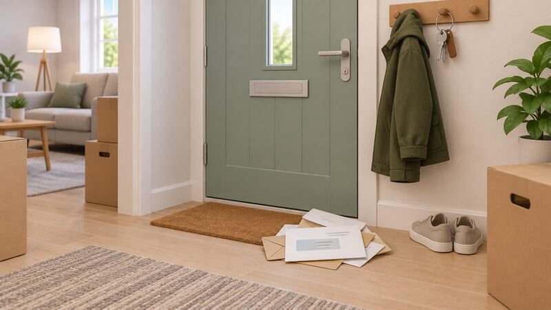 A home hallway with a small pile of opened and unopened envelopes on the floor by the front door, the topmost envelope shown with blank address lines and a plain colour band where the addressee line would be, an occupant's coat and keys on a nearby hook suggesting someone has just moved in.