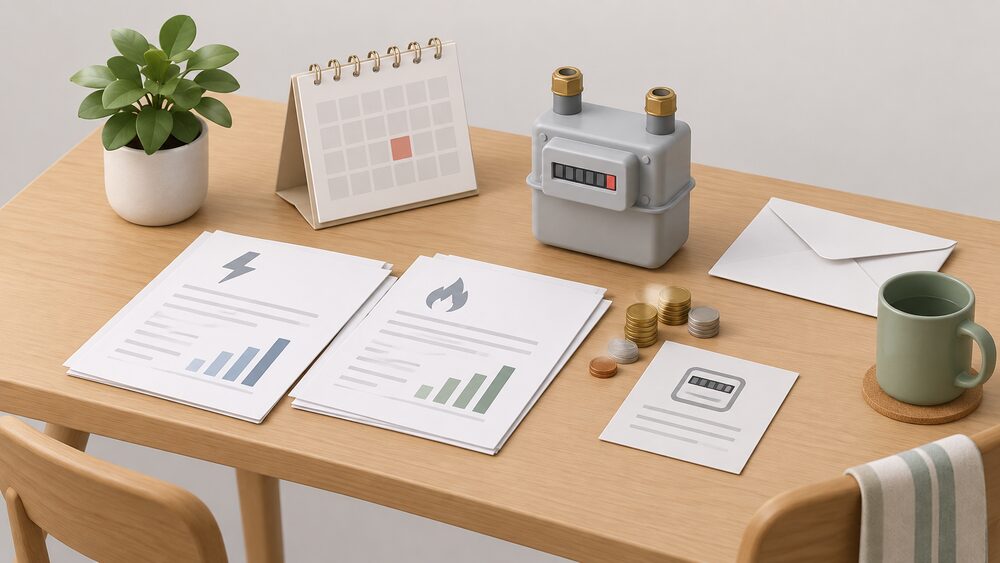 A kitchen table with blank energy paperwork and a final meter reading note beside a small model of a gas meter, a few coins, a wall calendar and a sealed envelope, suggesting the moment a household weighs up switching supplier.