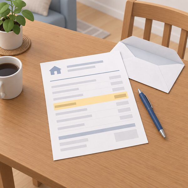 A paper household energy bill lying flat on a wooden table in a home, with a line item for an exit fee shown as a plain highlighted band among other blank line items, beside a pen and an opened envelope.