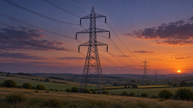 A tall steel electricity pylon standing in open countryside at dusk, with overhead lines crossing rolling fields toward the horizon under a darkening sky, no buildings or people nearby.