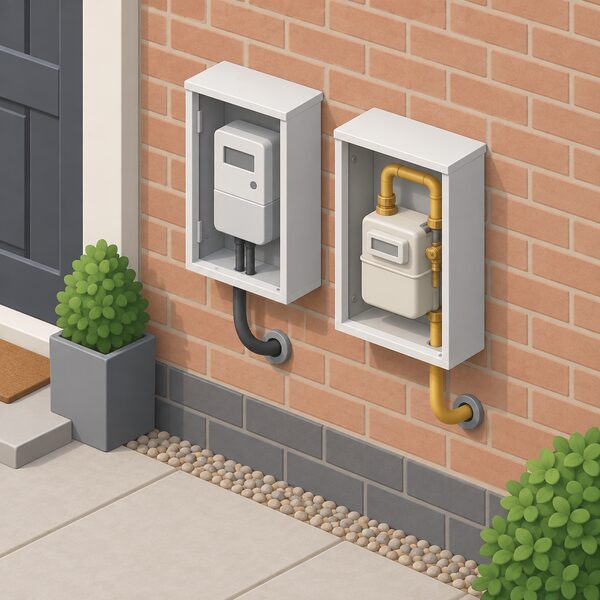 A simplified isometric view of a house's outside wall with a domestic electricity meter and a gas meter mounted side by side in their boxes, each with pipework or cabling entering the wall, representing the household account the tariffs cover.