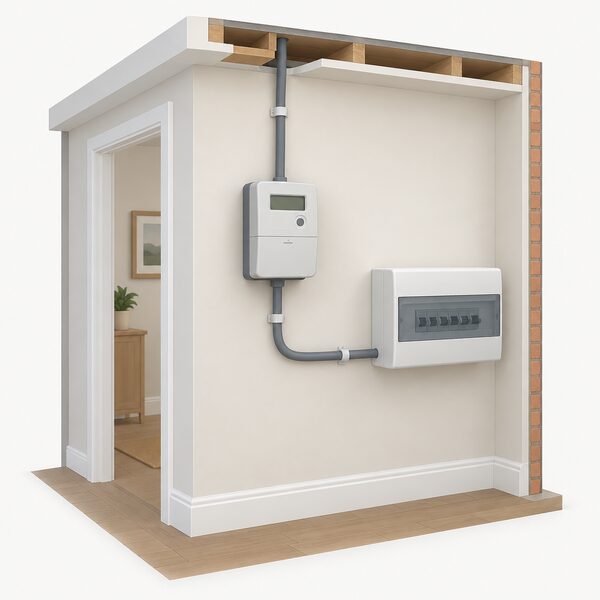 A standard domestic electricity meter mounted on an interior wall of a UK home, shown in a simple cutaway view with its supply cable running down from the ceiling and out to the consumer unit, with no person present.