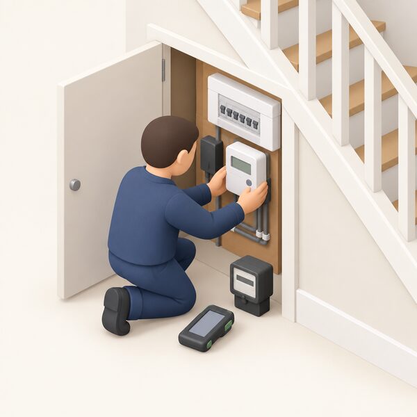 A small simplified installer figure in plain work clothing kneels beside an open under-stairs meter cupboard at a home, fitting a smart electricity meter into the consumer unit supply with the old meter set aside and a hand-held commissioning device nearby, with no payment taking place.